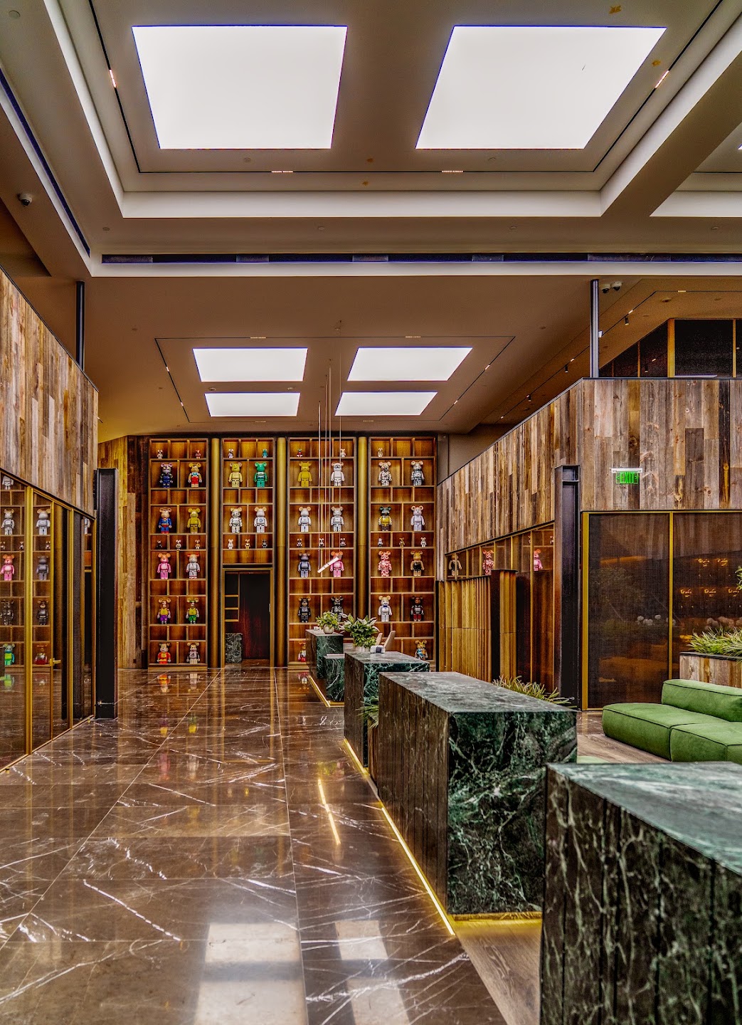 Completed commercial interior with architectural millwork and stone finishes